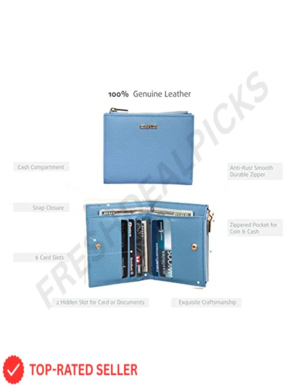 Genuine Leather Minimalist Bifold Wallet with Zipper & 6 Card Slots for Women